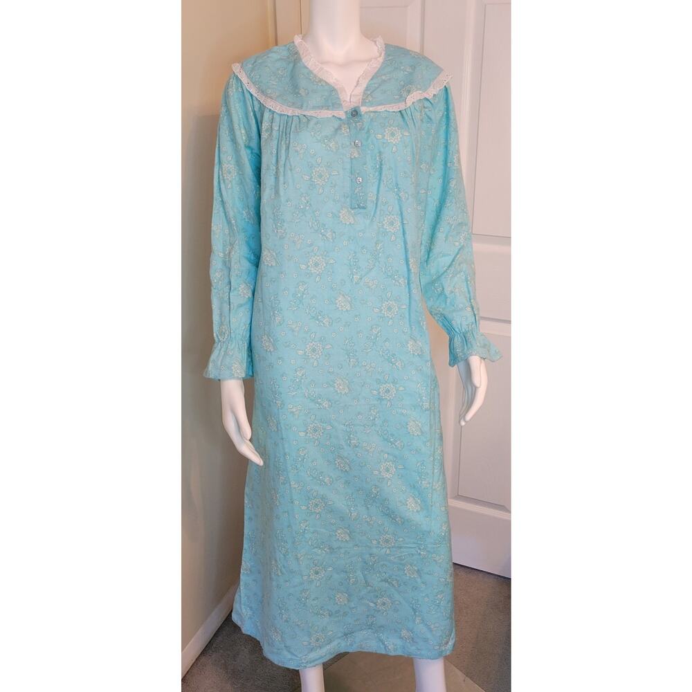 Cozee Corner Nightgown 100% Cotton Flannel Mint Green Floral Cottage Country Med